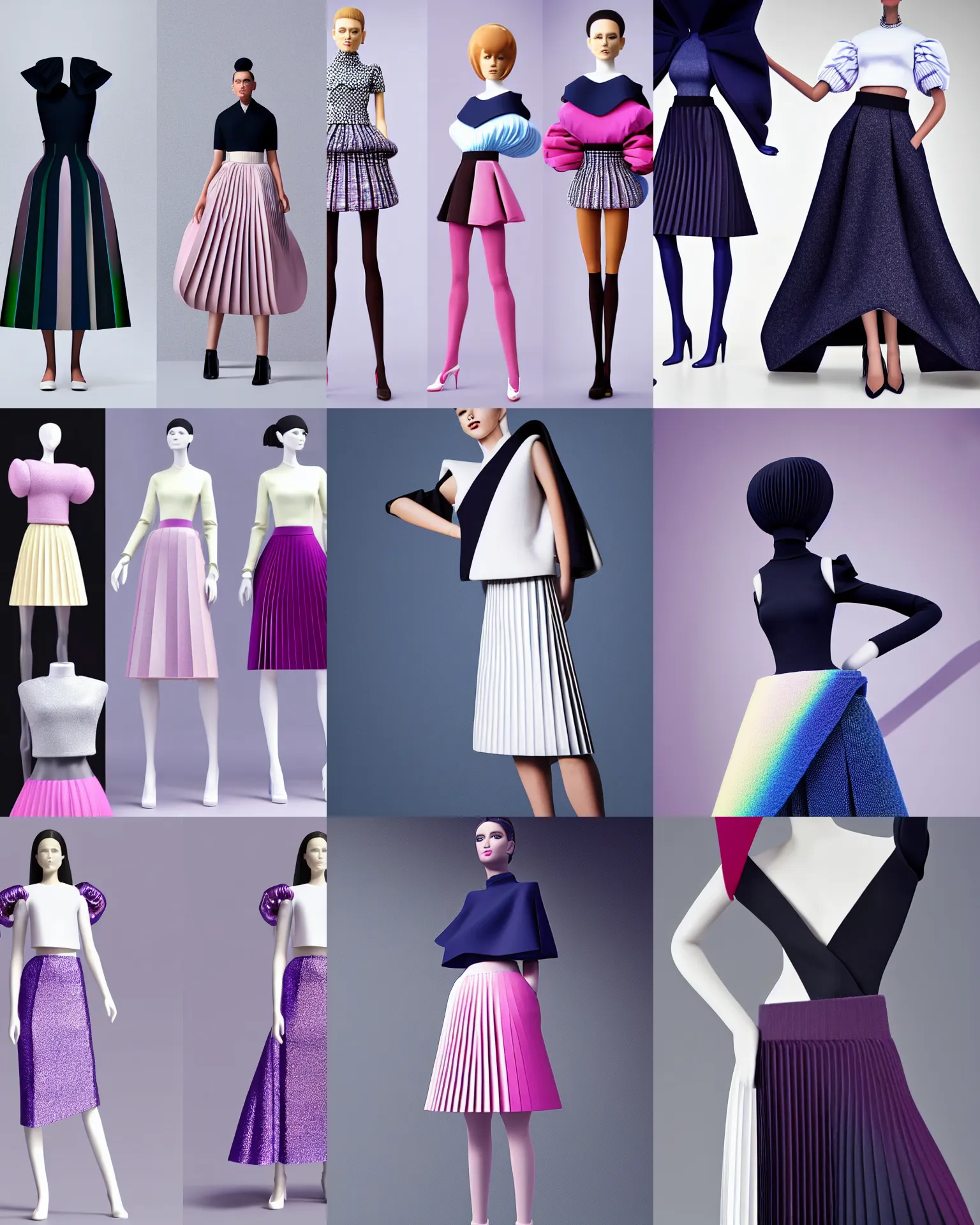 Prompt: designer figure collection haute couture, sailor uniform, midi skirt, coated pleats, synthetic curves striking pose, ball shaped accordion sleeve, dynamic folds, cute huge pockets hardware, volume flutter, young, modeled by modern designer bust, smart textiles, body fit, cotton candy holographic tones, expert composition high detail, professional retouch, editorial photography