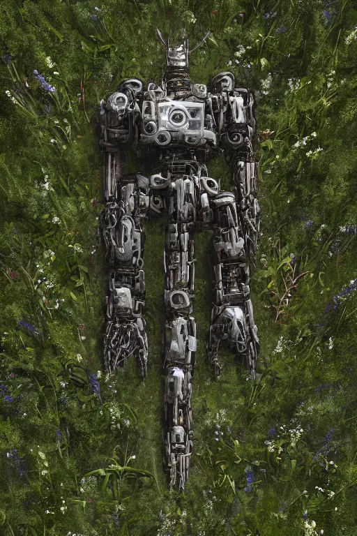 Image similar to a portrait of a broken giant mechanical robot laying in the meadow covered in plants by greg rutkowski, sung choi, mitchell mohrhauser, maciej kuciara, johnson ting, maxim verehin, peter konig, bloodborne, 8 k photorealistic, cinematic lighting, hd, high details, dramatic, dark atmosphere, trending on artstation