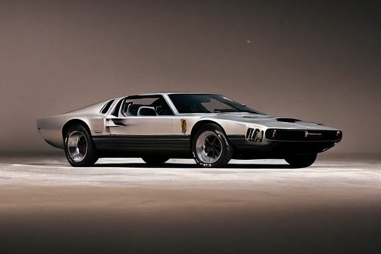 Image similar to designed by john delorean stylized poser of a single 1 9 6 9 fastback mustang ( mk 2 ford gt 4 0 ) delorean, large led lights, ektachrome photograph, volumetric lighting, f 8 aperture, cinematic eastman 5 3 8 4 film