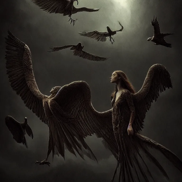 Image similar to epic professional digital art of winged smooth bodied avians, moody atmospheric lighting, painted, intricate, detailed, foreboding, by leesha hannigan, wayne haag, reyna rochin, ignacio fernandez rios, mark ryden, iris van herpen,, epic, stunning, gorgeous, much wow, cinematic, masterpiece.