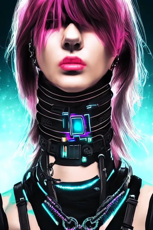 Image similar to detailed realistic female rock star cyberpunk wearing thick technological collar around neck, realistic, art, beautiful, 4K, collar, choker, collar around neck, punk, artstation, detailed, female, woman, choker, cyberpunk, neon, punk, collar, choker, collar around neck, thick collar, tight around neck, punk,