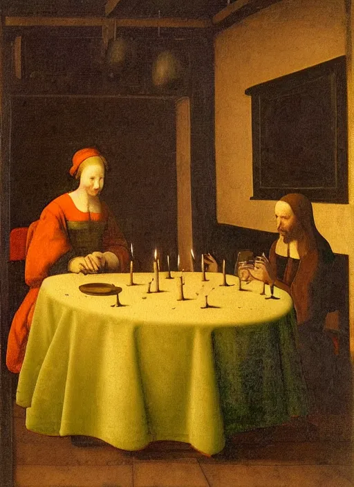 Image similar to a candlelit table at the inn, evening, dark room, two people sitting at the table, swirling smoke, dark smoke, realistic, in the style of leonardo da vinci, dutch golden age, amsterdam, medieval painting by jan van eyck, johannes vermeer, florence