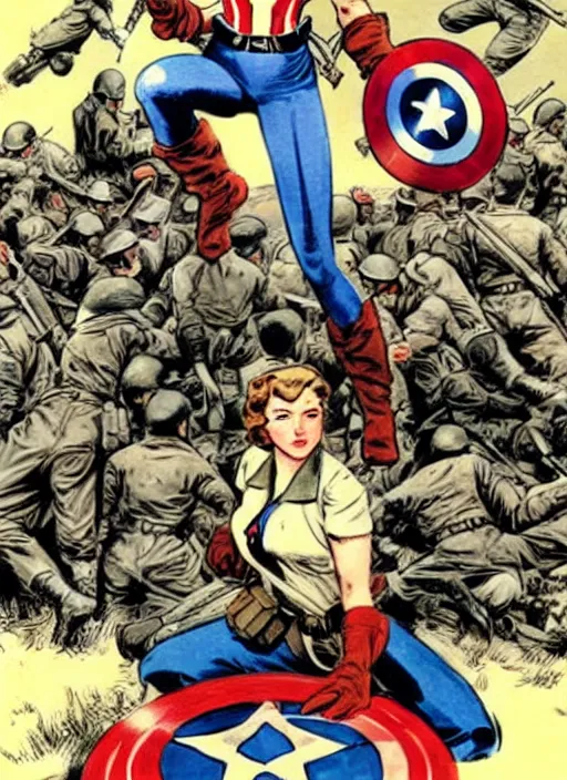 Image similar to beautiful female captain america standing on a pile of defeated german soldiers. feminist captain america wins wwii. american wwii propaganda poster by james gurney. anime