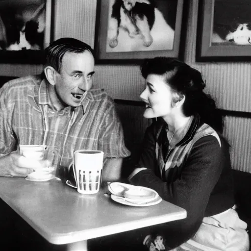 Image similar to kodachrome photo of a man and his wife talking about cats at a budy coffe shop