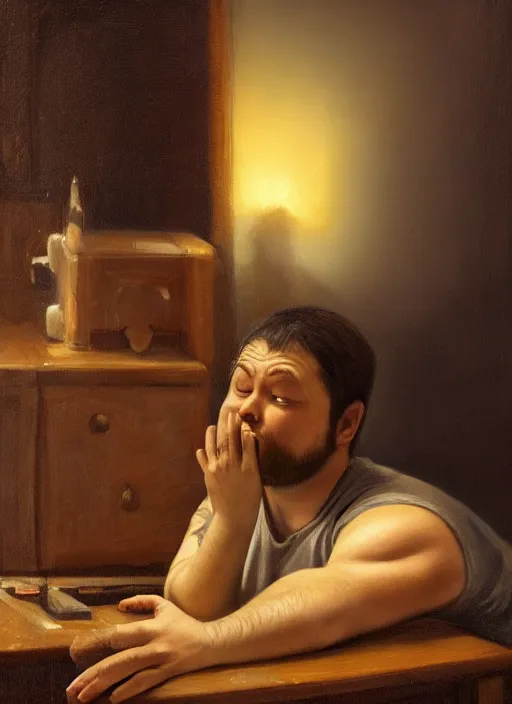 Image similar to insanely detailed chiaroscuro image of a sleepy - looking chubby casually - dressed tired programmer guy on his knees facing his glowing ultrawide monitor monitor begging it for forgiveness, oil on canvas, masterwork, fine detail, trending on artstation, emotive, insanely compelling, ryden, koons, moebius