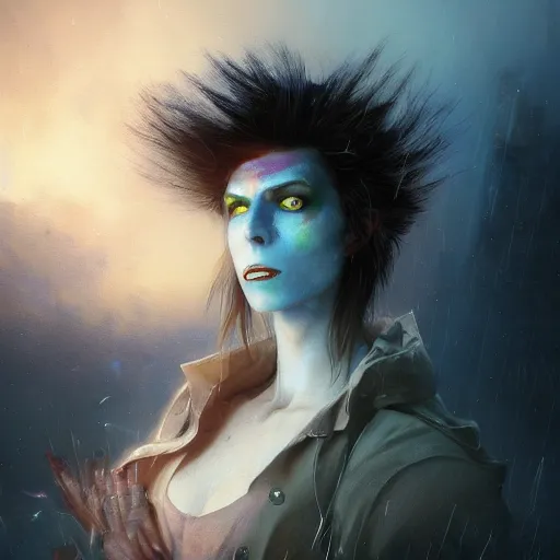 Prompt: cyberpunk magic circle undead girl; female character; flowing brown hair; heterochromia; david bowie eyes; 4K; 8k; Surrealism fractal with sounds edges and painterly style; perfect composition; fine details; epic brushwork; in nature; filmic; hdr; volumetric lighting; highly detailed; digital art; by Ivan Aivazovsky; by Aleksi Briclot; by Marc Simonetti