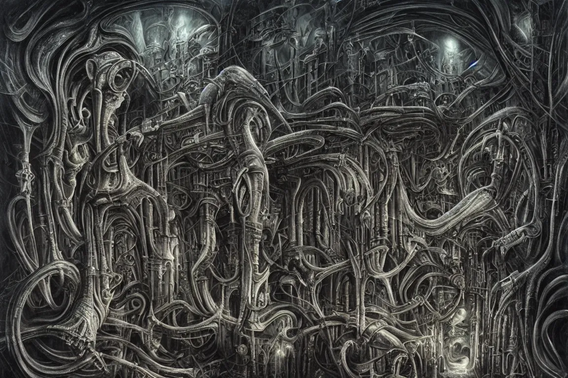 Prompt: A very detailed nightmarish dreamscape with surreal architecture, surrealism, monochromatic airbrush painting, style of H. R. Giger