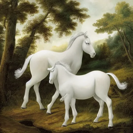 Prompt: A Pair of White and Grey Unicorns in a Forest Clearing Near a Pond, Painting