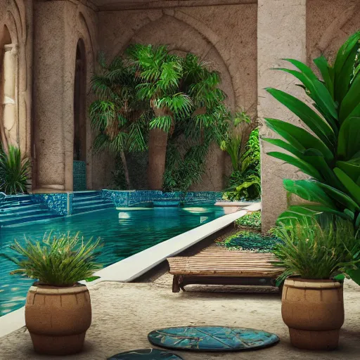 Image similar to a pool in a ancient egyptian interior full of plants and palms, 3d render,unreal engine