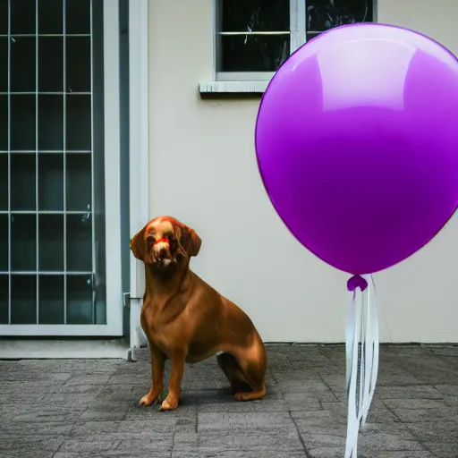 Image similar to a high resolution photograph of a purple balloon animal of a dog