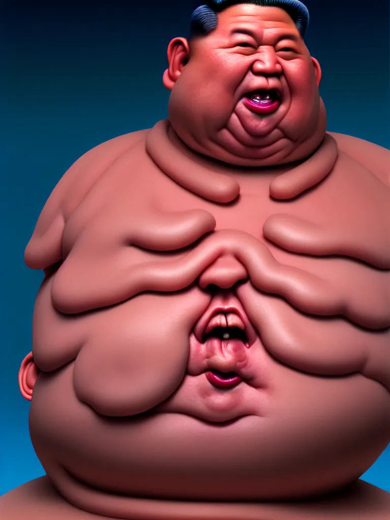 Image similar to hyperrealistic rendering, fat smooth cronenberg flesh monster kim jong - un by donato giancola and greg rutkowski and wayne barlow and zdzisław beksinski, product photography, action figure, sofubi, studio lighting, colored gels, colored background