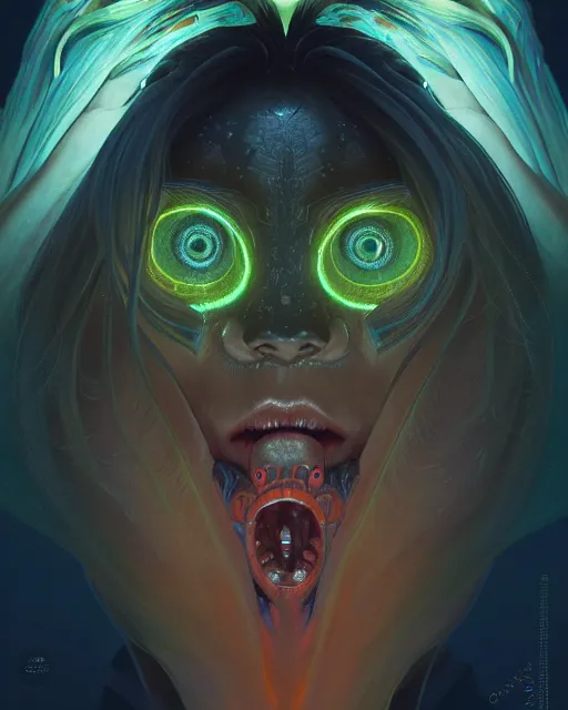 Prompt: one singular portrait of a creepy bioluminescent creature with glowing eyes, highly detailed, digital painting, cinematic, hyper realism, dark retrowave, art by stanley lau and artgerm and magali villeneuve and alphonse mucha, artstation, octane render, cgsociety