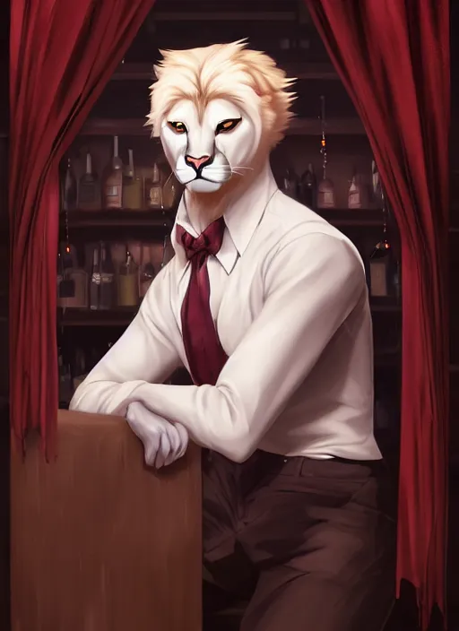 Image similar to beautiful portrait commission of a male furry anthro albino mountain lion with dark red eyes wearing a dress shirt in an old-timey Saloon. Atmospheric. Character design by charlie bowater, ross tran, artgerm, and makoto shinkai, detailed, inked, western comic book art