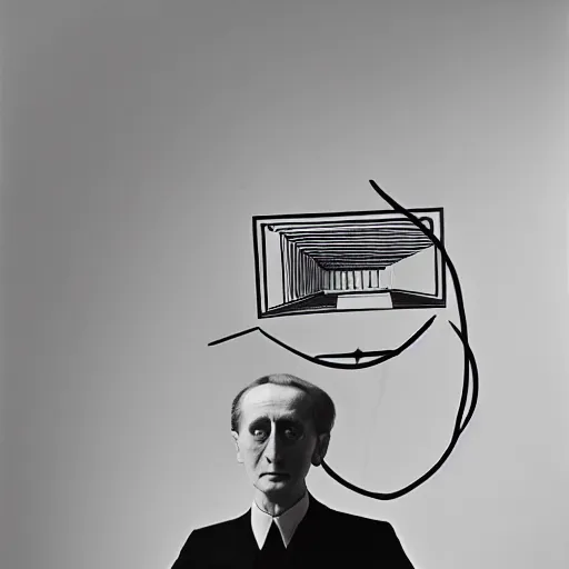 Prompt: a minimalist portrait of Marcel Duchamp holding computer cables in the style of Marcel Duchamp, Irving Penn, Hito Steyerl, Laurent Grasso, wide angle, monochrome, futuristic tetsuo