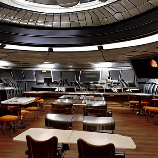 Prompt: mcdonald restaurant inside of the death star from star wars, spaceship flying towards it, realistic style