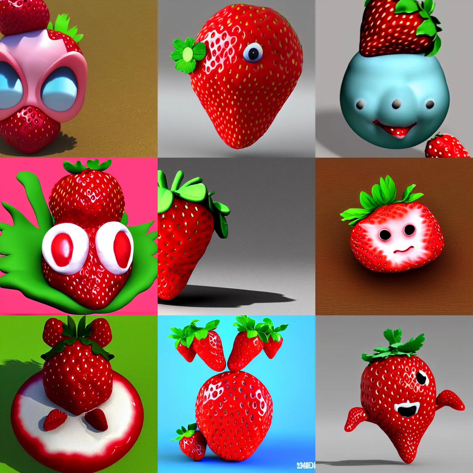 Prompt: poorly rendered 3 d strawberry character with adorable face