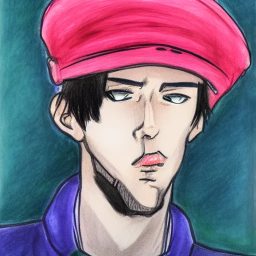 Image similar to a drawing of a man wearing a hat, a gouache by Hirohiko Araki, tumblr contest winner, modern european ink painting, watercolor, colorized, art on instagram