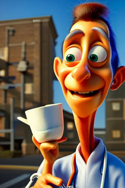 Image similar to portrait of the crazy doctor holding a cup of coffee, hospital in background, full body. pixar disney 4 k 3 d render funny animation movie oscar winning trending on artstation and behance. ratatouille style.