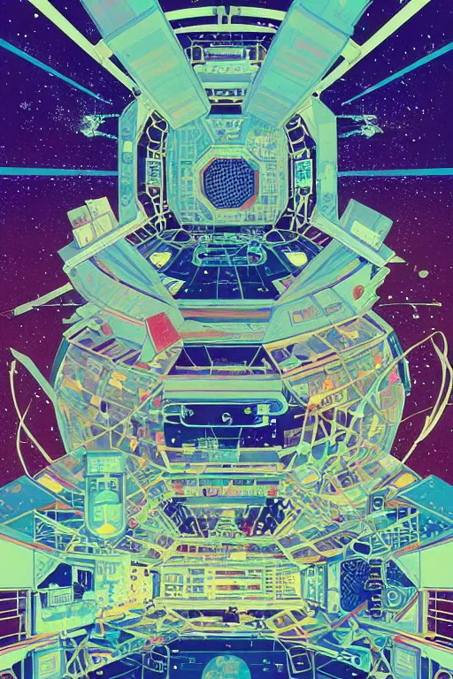 Prompt: the interior of an international space station filled with electronic equipment, ancient futuristic japanese temple, poster art by victo ngai, ori toor, kilian eng behance contest winner, crystal cubism, poster art, cubism, tarot card, psychedelic art, concert poster, poster art, maximalist