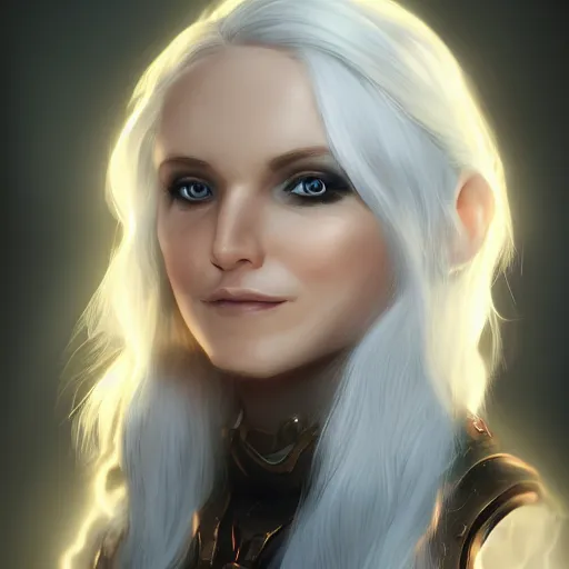 Prompt: fantasy portrait of a female human adventurer with white skin, white hair, white eyes without pupils, slightly - pointed ears, short wavy hair, eyebrow scar, trending on artstation, gentle smile, friendly, glowing, 4 5 angle, warm and welcoming