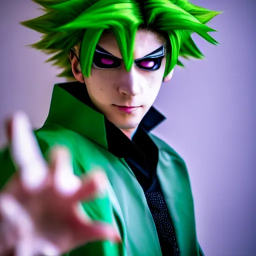 Prompt: cosplay of noriaki kakyoin from jojo's bizarre adventure, photograph, hd, 4 k