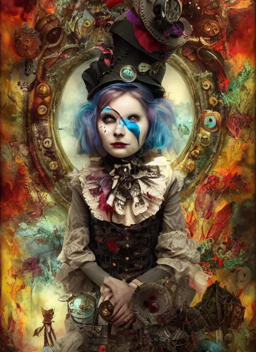 Image similar to alice in wonderland, angry, scary, cheeky, steampunk googles, highly detailed, cinematic, 8 k, by megan duncanson, benjamin lacombe, stanley artgermm, tom bagshaw, craig mullins, carne griffiths, ayami kojima, beksinski, giger, trending on deviantart, hyper detailed, horror, full of colour