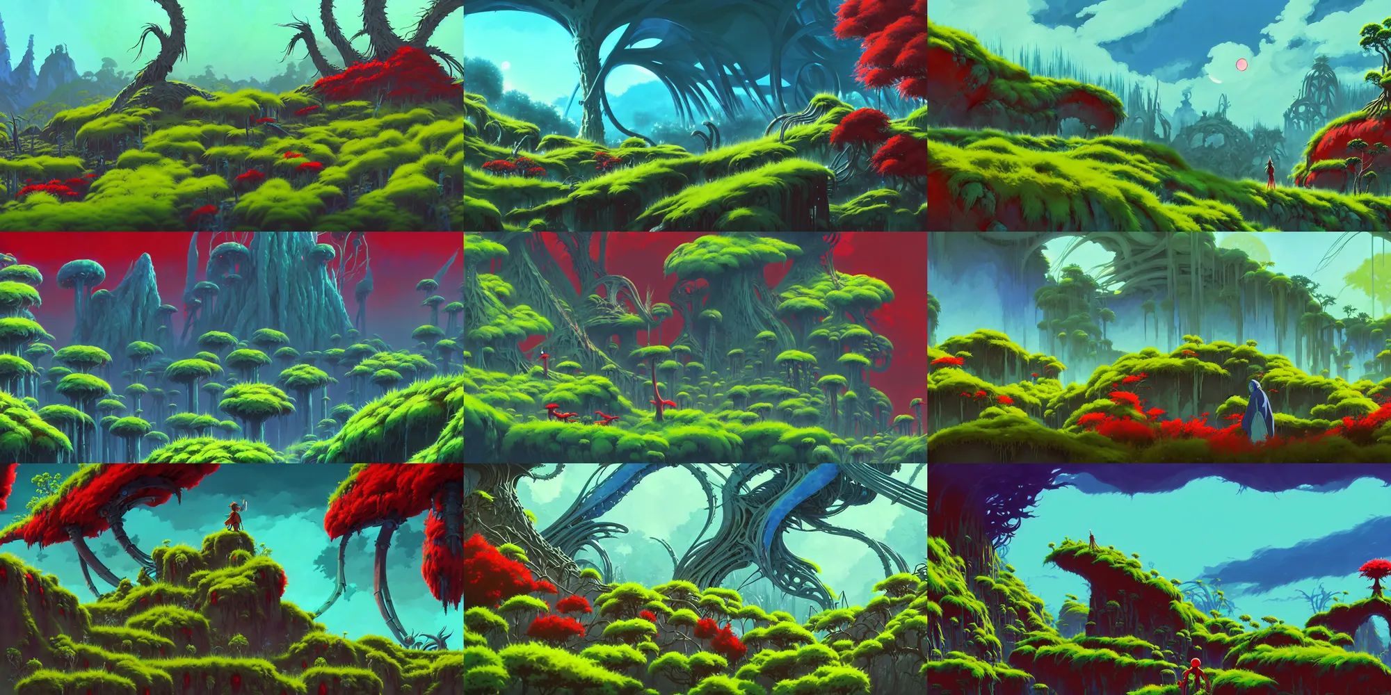 Prompt: game asset ori parallax environment vibrant colors, studio ghibli, nausicaa of the valley of the wind, matte painting, h. r giger, in gouache detailed paintings, props, stylized, 2 d sprites, kitbash, nature, organic, ivy, arcane, overwatch, blue and red, green color scheme, 8 k, close up