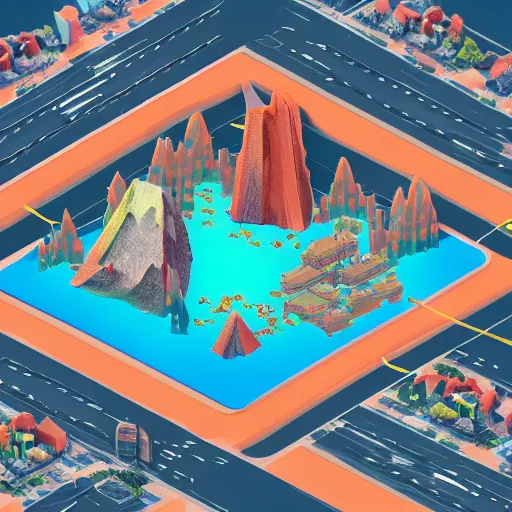 Image similar to isometric city building game inside a volcano, highly detailed, octane render, 3 d