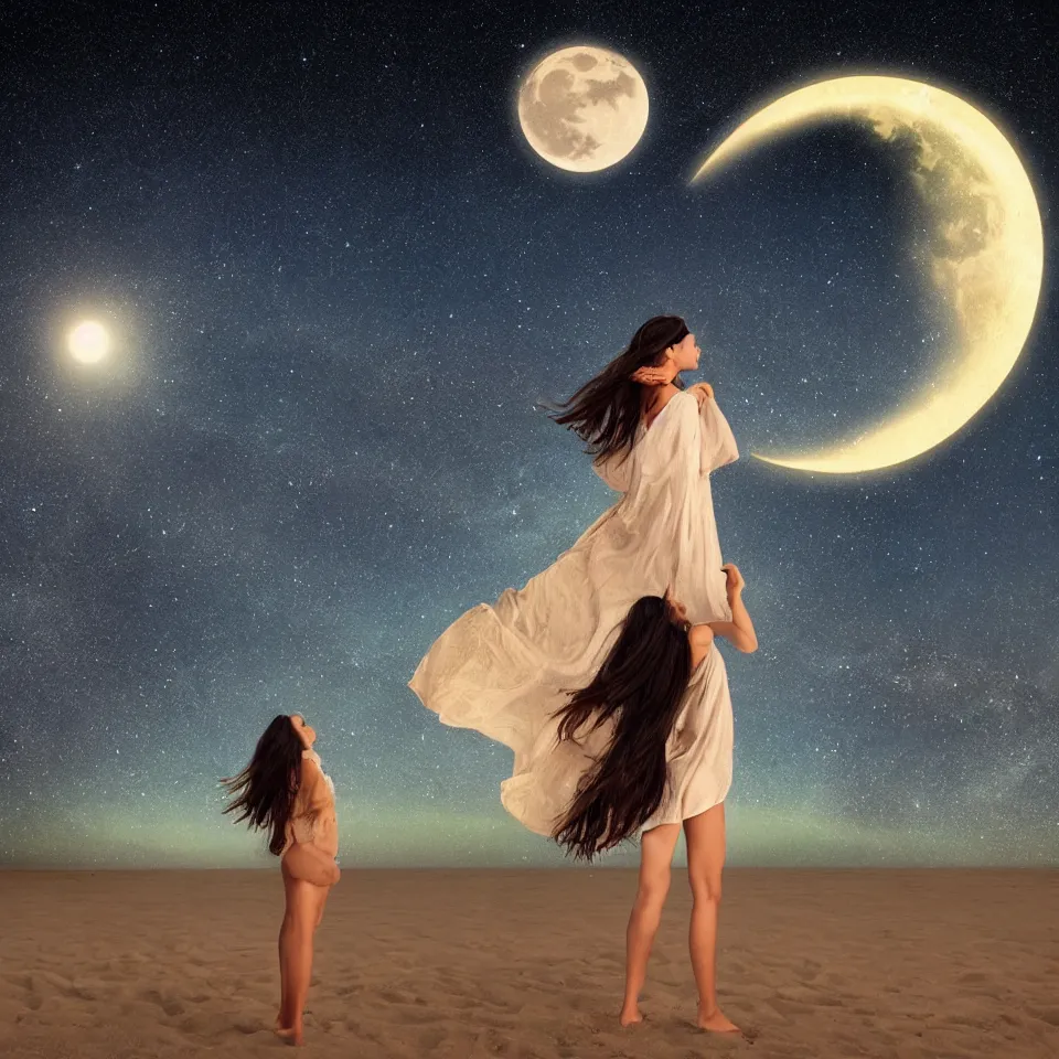 Prompt: young arabian woman standing on the beach at night with the moon above and the galaxy visible, masterful intricate artwork, high detail 8 k