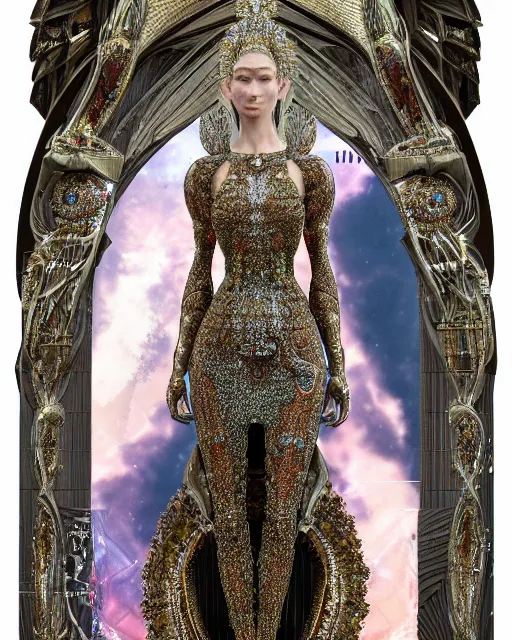 Image similar to a highly detailed metahuman 4 k close up render of a bella hadid as religious monument renaissance in iris van herpen dress schiaparelli in diamonds crystals swarovski and jewelry iridescent in style of alphonse mucha gustav klimt trending on artstation made in unreal engine 4