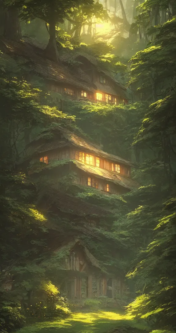 Prompt: Stunning cottage, solar, lush, forest, beautiful, by Studio Ghibli and Greg Rutkowski, artstation