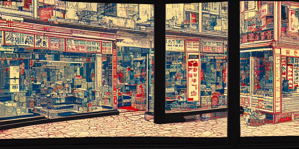 Prompt: through the window is a shop window in hong kong, by dan mumford and peter doig and edward hopper, minimal, black ink, thick lines, minimal highly detailed, muted colours, overlaid with chinese adverts, 8 k