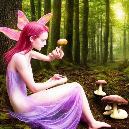 Prompt: A fairy eating mushrooms in a magical forest occult witchcraft