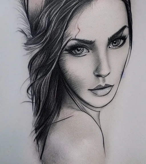 Image similar to tattoo design sketch of an extremely beautiful woman face with a faded background of stunning mountain view on her side, hyper - realistic, in the style of matteo pasqualin, amazing detail, black and white, faded