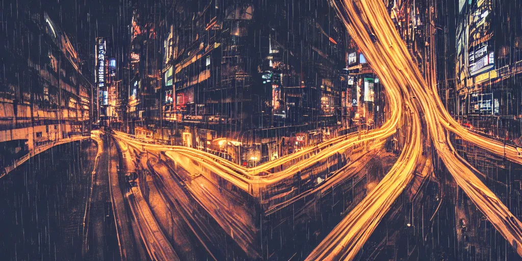 Prompt: a city street at night, raining, photograph, cars on the road, cyberpunk, sharp focus, intricate detail, drone shot