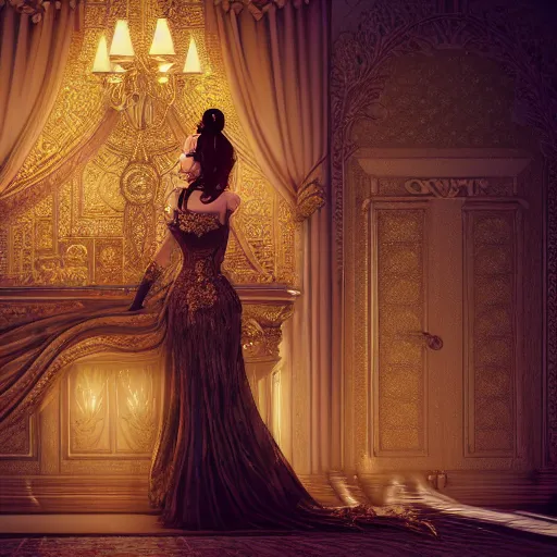 Image similar to an incredibly beautiful and elegant woman covered in intricate gold leaf detail in a gothic hotel room with soft indirect lighting, an ultrafine detailed illustration by victoria frances, final fantasy, cinematic colors, behance contest winner, unreal engine 5 highly rendered, global illumination, radiant light, detailed and intricate environment, matte painting, artstation