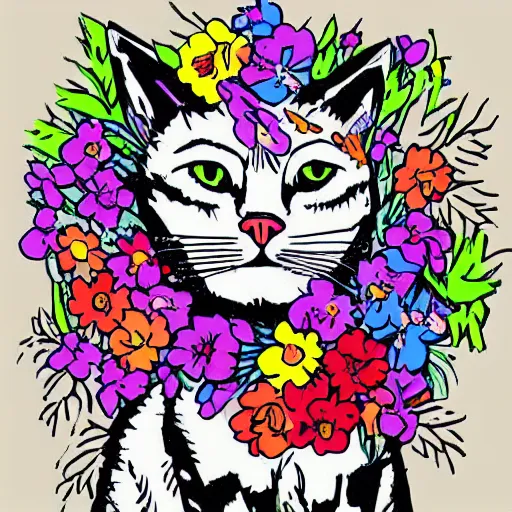 Image similar to a cat made with flowers, comic