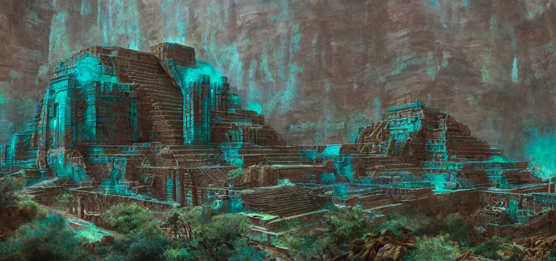 Image similar to beautiful highly detailed matte painting of an intricate mayan futuristic brutalist jade teal ancient temple in a valley surrounded by canyons and a desert, by Craig Mullins and Denis Villeneuve, octane rendering, 8k