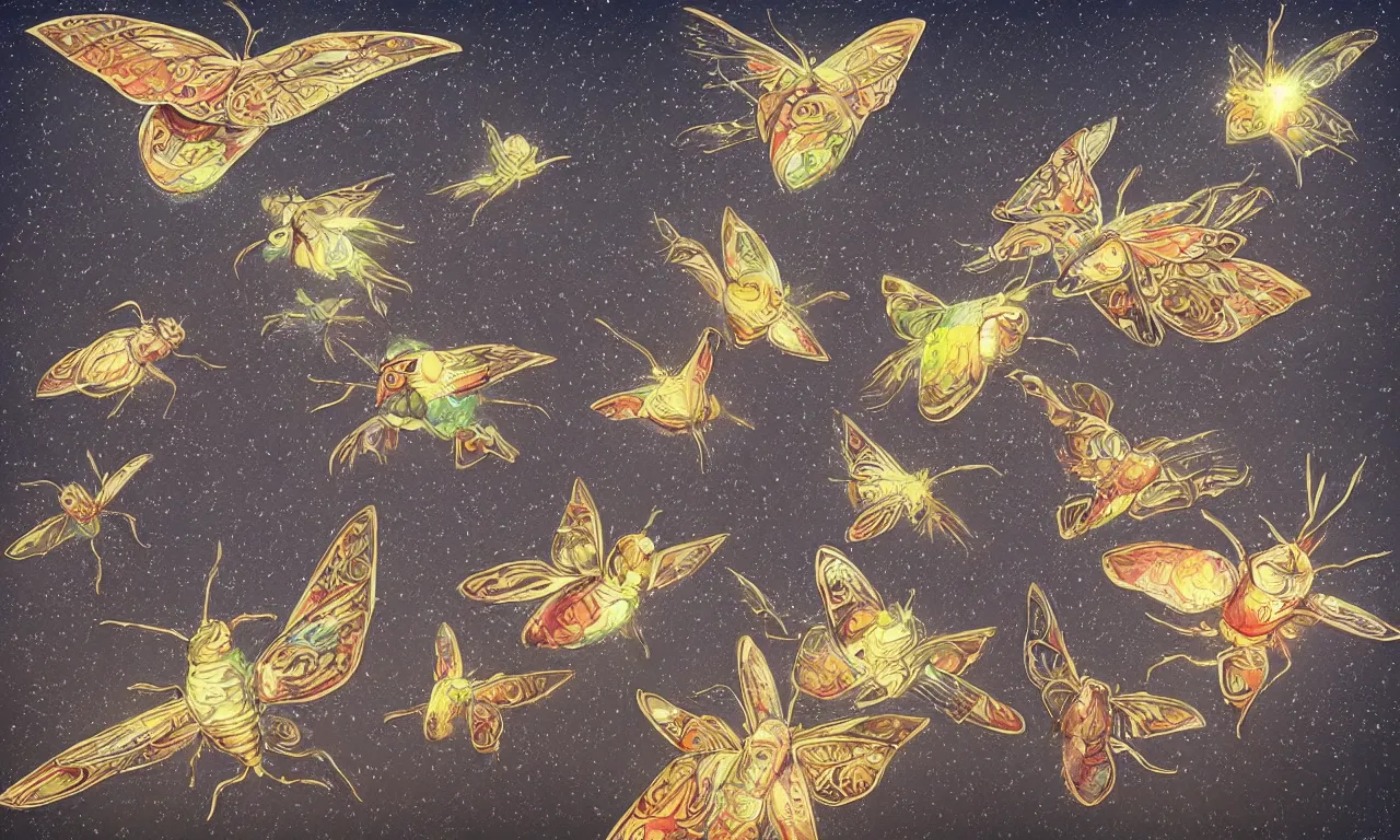 Image similar to discworld theme, moth, flocking birds, 3 d art, digital illustration, perfect lighting