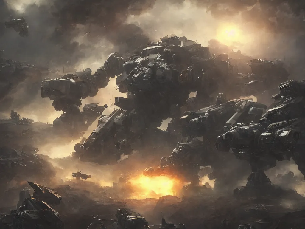 Image similar to ariel view, wide angle view, war mechs fighting, mech battlefield battling, wartorn, desolate gloomy planet, science fiction, by andree wallin