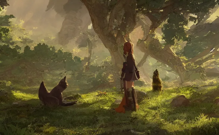 Image similar to a bounty hunter and her cat companion their woodland home in a fantasy studio ghibli animated film, d & d, fantasy concept art, global illumination, beautiful composition, volumetric lighting, octane render by studio ghibli and christopher balaskas, highly detailed