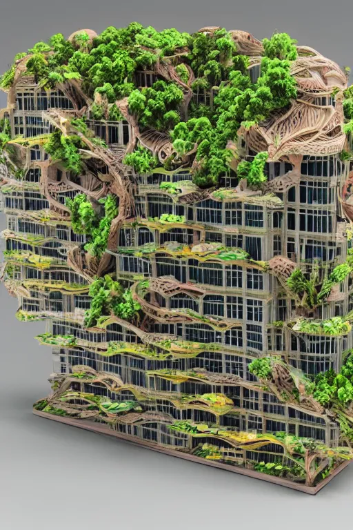 Image similar to 3 d printed physical model organic flowy including more than one city into one vertical building model that sits on a table in a room with a view back, multiple stories, wooden, with vegetation, colorful, eye - level view, 8 0 k, octane render, highly detailed 3 d render,