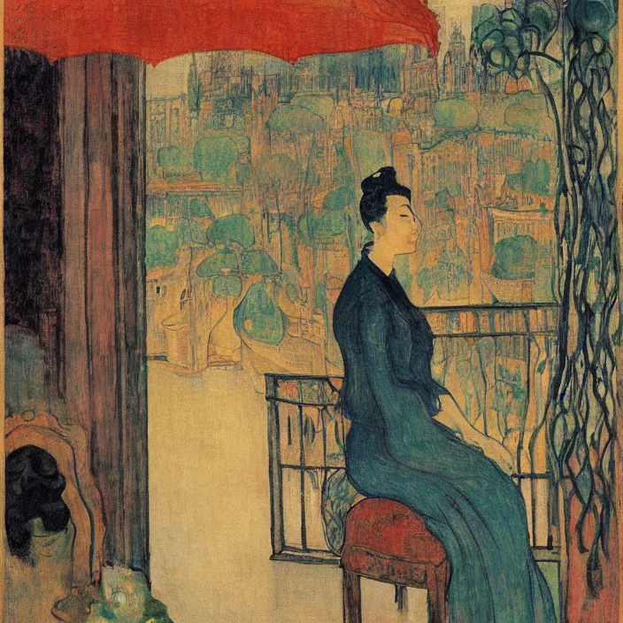 Prompt: portrait of sad woman and persian cat with city with gothic cathedral and tall trees seen from a window frame with curtains, vase. thunderstorm. mikalojus konstantinas ciurlionis, henri de toulouse - lautrec, utamaro, matisse, balthus