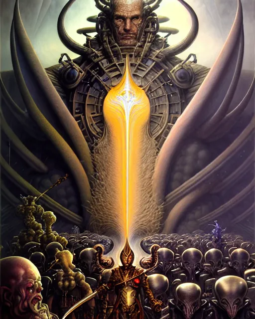 Image similar to a portrait of the armies of good and evil, fantasy character portrait made of fractals facing each other, ultra realistic, wide angle, intricate details, the fifth element artifacts, highly detailed by peter mohrbacher, hajime sorayama, wayne barlowe, boris vallejo, aaron horkey, gaston bussiere, craig mullins