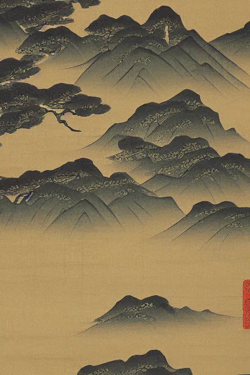 Prompt: japanese painting of a landscape by kano sanraku in the style of nihonga, gold