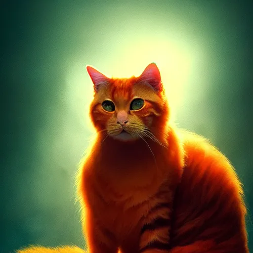 Prompt: A fuzzy orange cat sitting on planet earth, atmospheric lighting, painted, intricate, volumetric lighting, beautiful, rich deep colours masterpiece, golden hour, sharp focus, ultra detailed, by Leesha Hannigan, Ross Tran, Thierry Doizon, Kai Carpenter, Ignacio Fernández Ríos