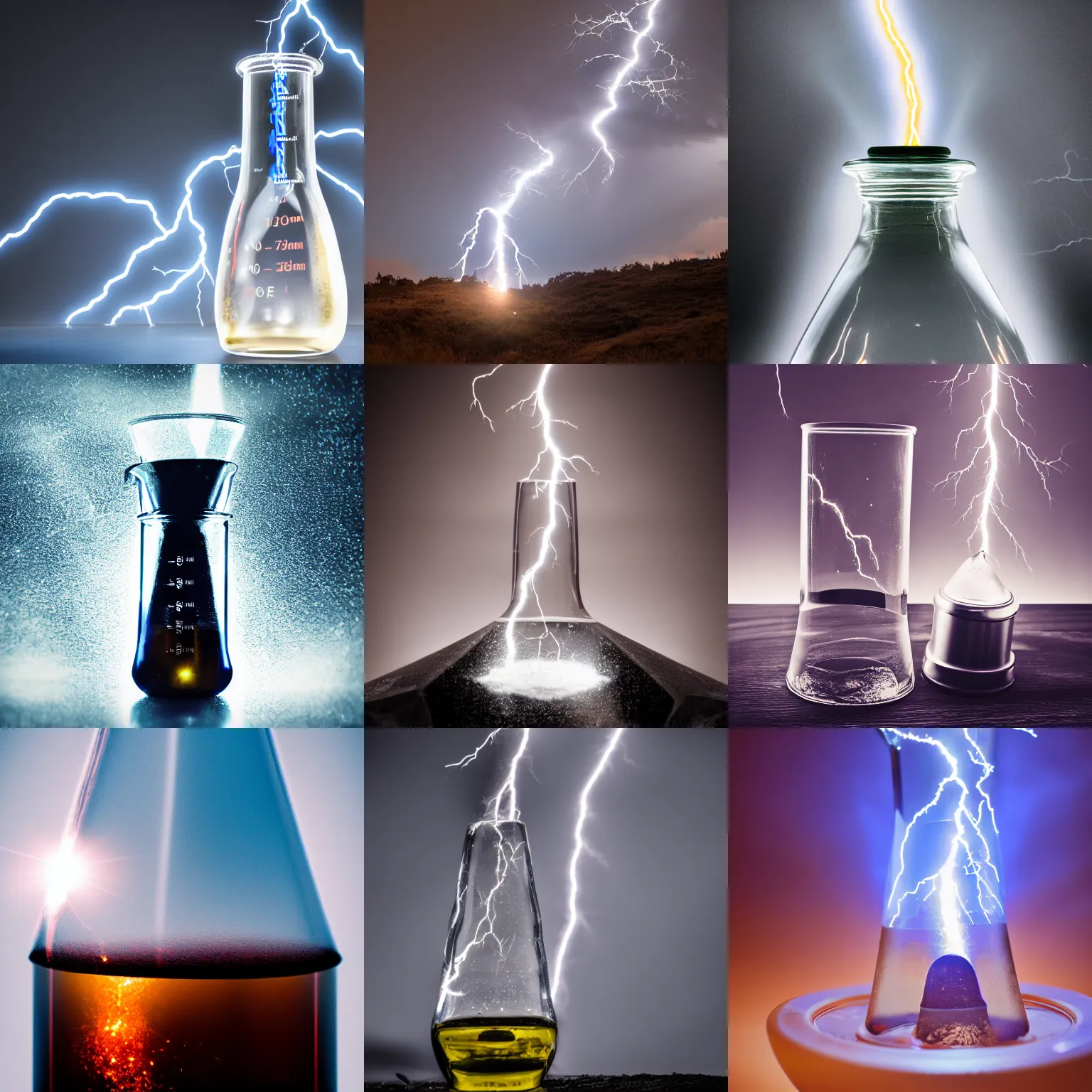 Prompt: Lightning in a Erlenmeyer flask, cinematic, dramatic, amazing, 8K 50mm ISO 10, fast shutter speed, lens flare