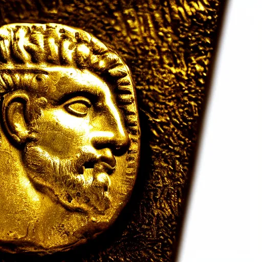 Prompt: an ancient roman gold coin with the face of drake, close up photo, ultra realistic, studio photo, bokeh.