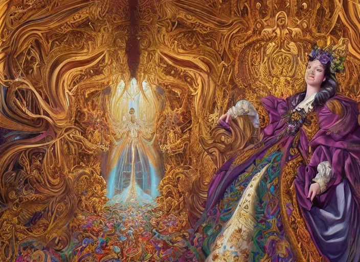 Image similar to beautiful oil painting, full length portrait of dauphinois in baroque coronation robes 1701, Dan Mumford, Dan Mumford, Alex grey, highly detailed , lsd visuals, dmt fractal patterns, hallucinogen, visionary art, psychedelic art, ornate, vaporwave, baroque, Greg rutkowski