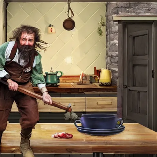 Image similar to british magical hobo breaks into some ork's kitchen and attacks them, 4 k, detailed, real life photo